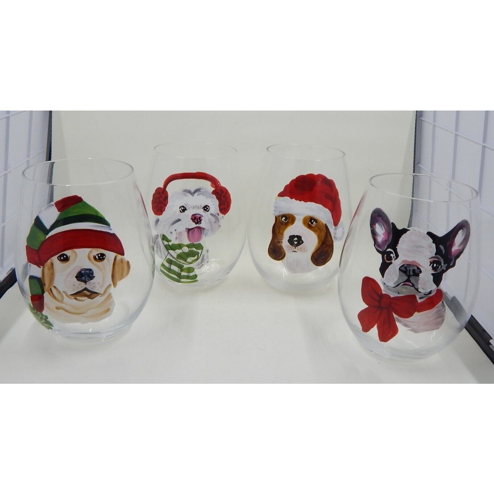 Pier 1 One Stemless Wine Glasses Holiday Christmas Dogs Hats Assorted Set of 4